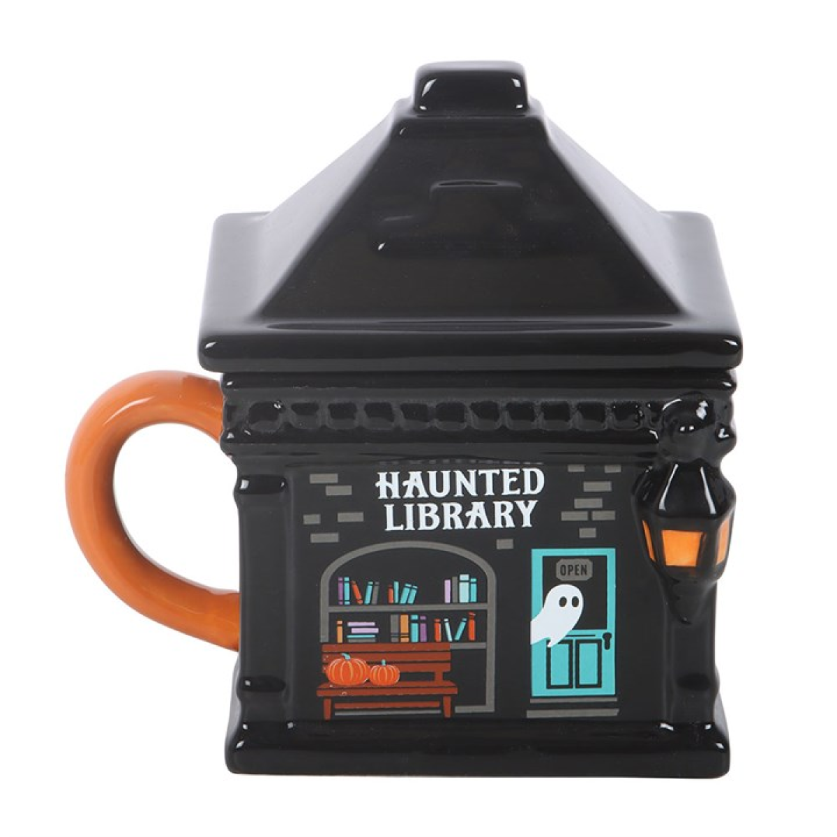 Haunted Library Lidded Mug – Halloween Ceramic Mug with Lid