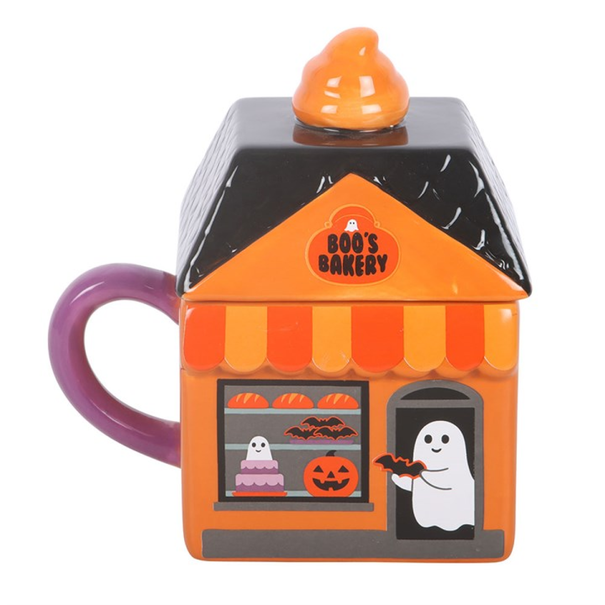 Boo's Bakery Lidded Mug – Halloween Ceramic Mug with Ghost Design