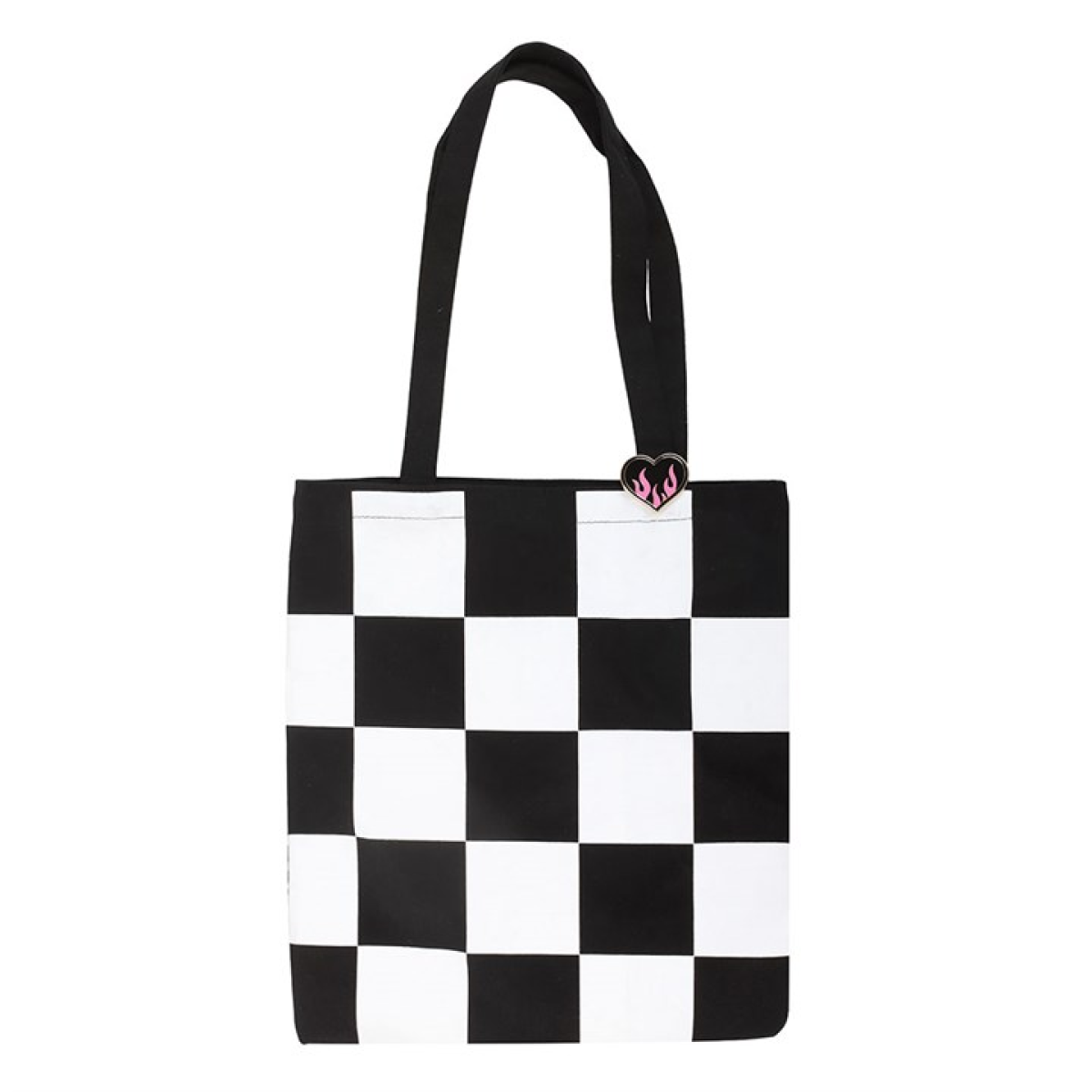 Checkerboard Print Polycotton Tote Bag with Enamel Heart Pin Badge
