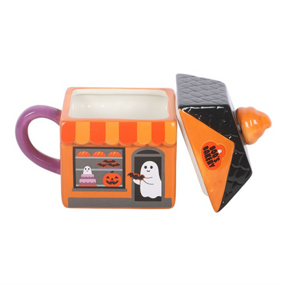 Boo's Bakery Lidded Mug – Halloween Ceramic Mug with Ghost Design