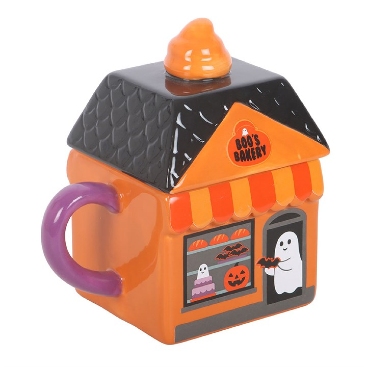 Boo's Bakery Lidded Mug – Halloween Ceramic Mug with Ghost Design