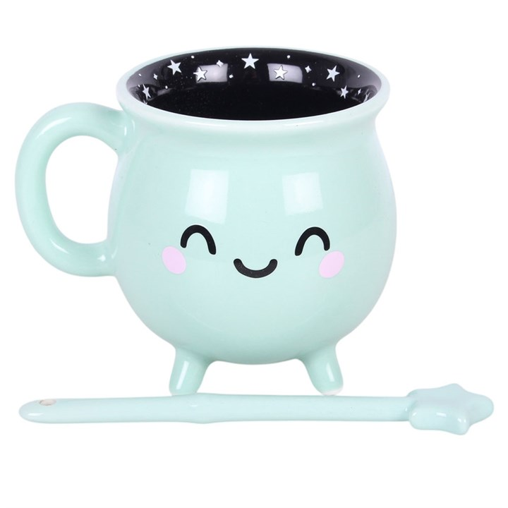 Mint Green Cauldron Mug & Wand Stirrer | Pastel Witchy Gift