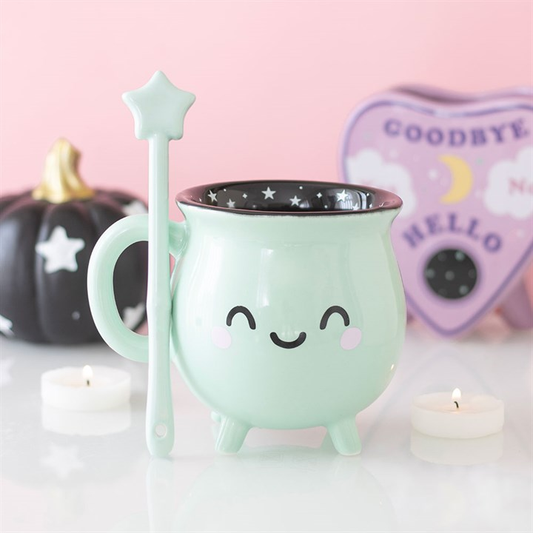 Mint Green Cauldron Mug & Wand Stirrer | Pastel Witchy Gift
