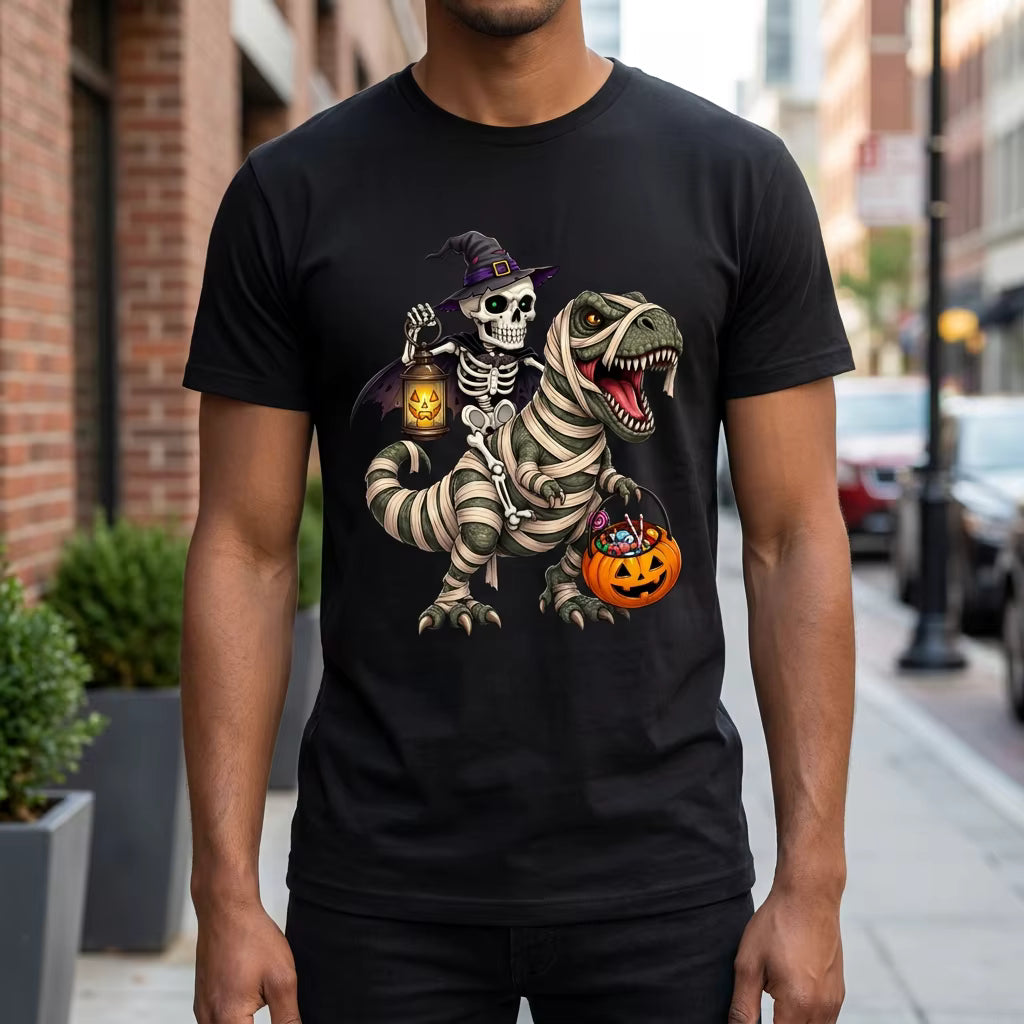 Skeleton Riding Mummy T-Shirt, Halloween Unisex Tee