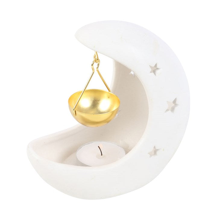 White Crescent Moon Oil Burner with Gold Dish