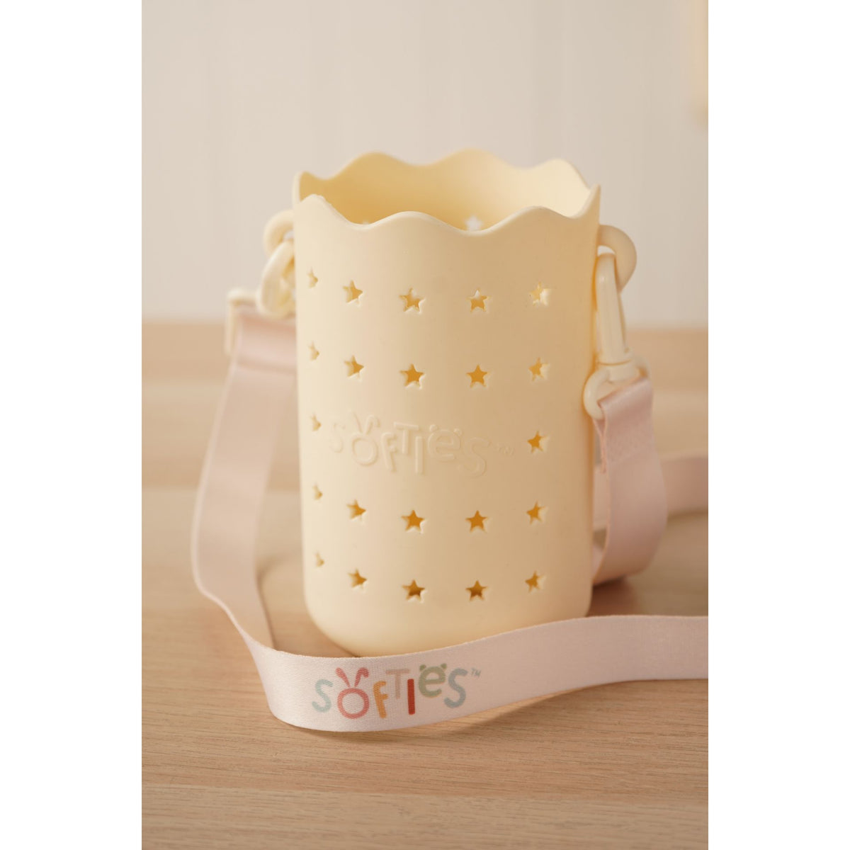 Softies Silicone Water Bottle Bag with Charm Holes and Fabric Clip on Carry Strap