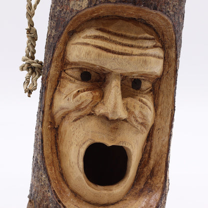 Grumpy Old Man Tree Trunk Bird House – Hand-Carved Wooden Nesting Box