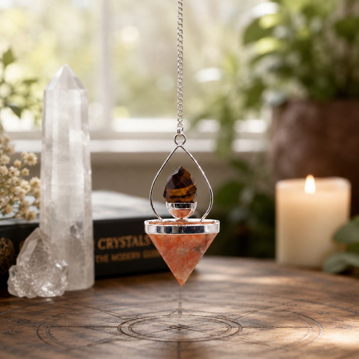 Gemstone Lantern Pendulum – Sunstone & Tigereye