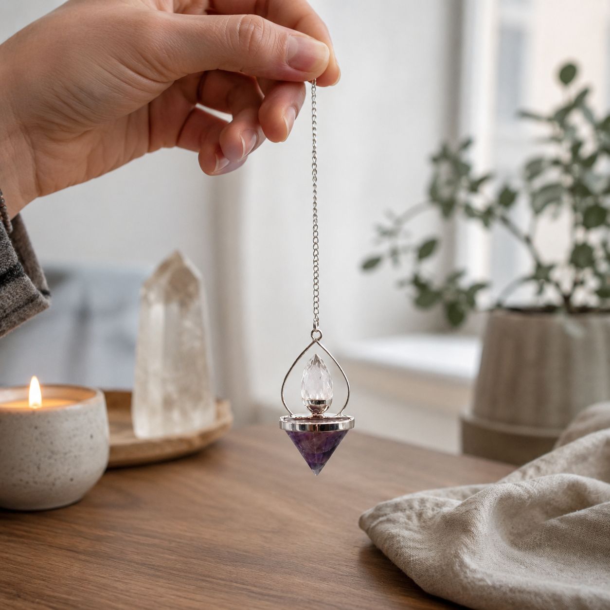 Gemstone Lantern Pendulum – Amethyst & Rock Quartz