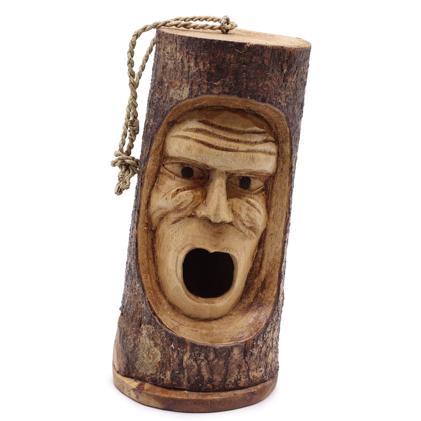 Grumpy Old Man Tree Trunk Bird House – Hand-Carved Wooden Nesting Box