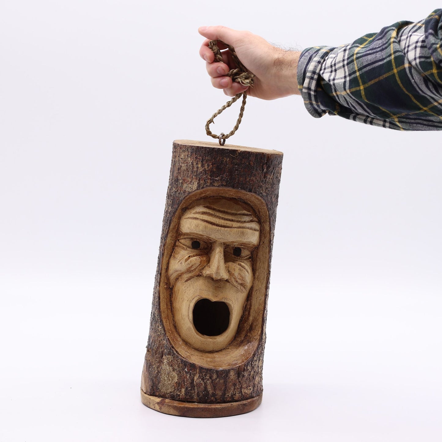 Grumpy Old Man Tree Trunk Bird House – Hand-Carved Wooden Nesting Box