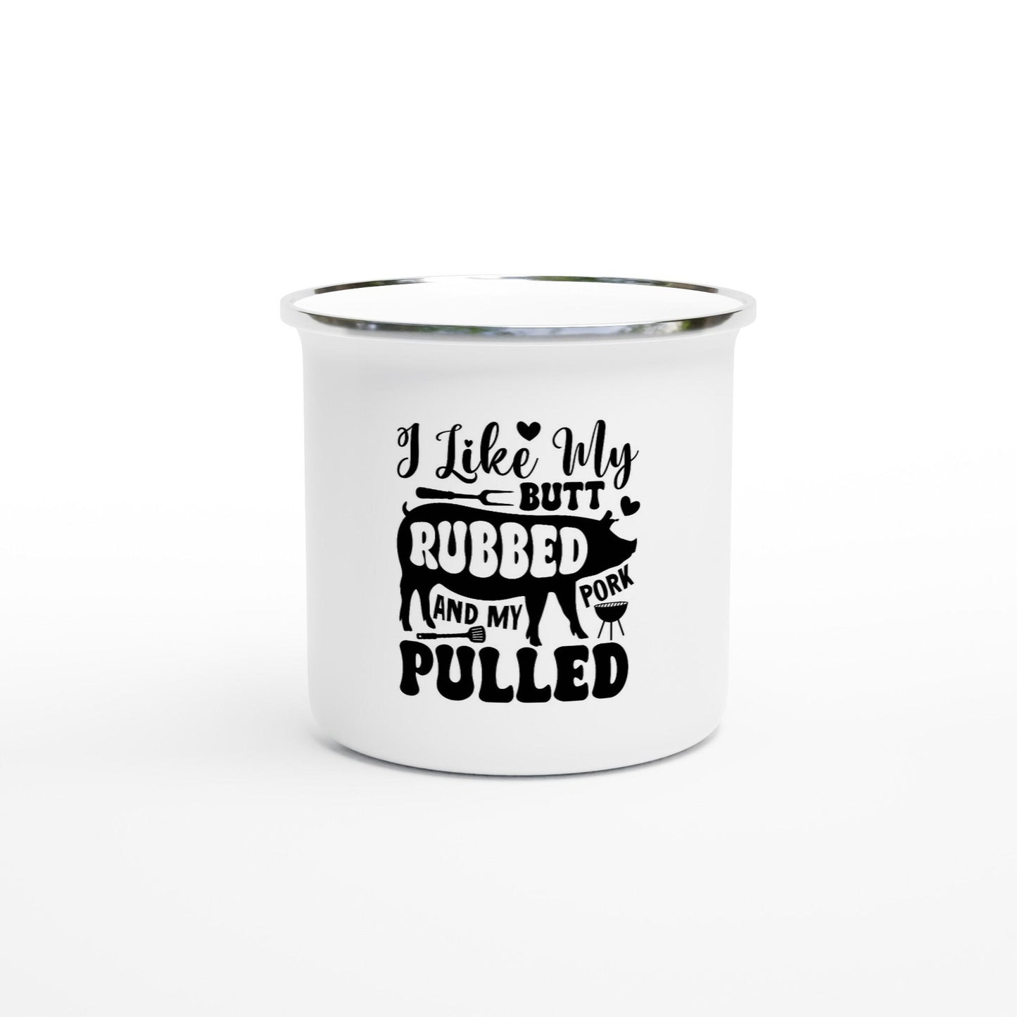 Funny White 12oz Enamel Camping Mug | Fun BBQ Mug | Lightweight Outdoor Drinkware Gift