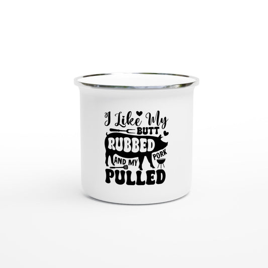 Funny White 12oz Enamel Camping Mug | Fun BBQ Mug | Lightweight Outdoor Drinkware Gift