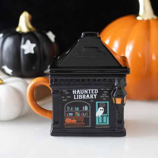 Haunted Library Lidded Mug – Halloween Ceramic Mug with Lid